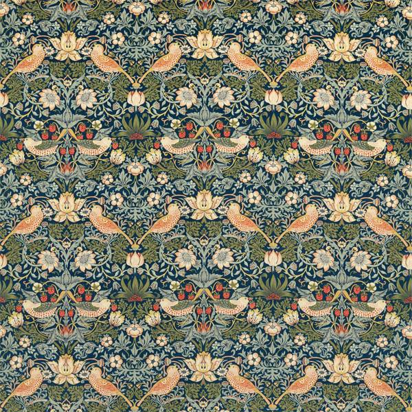 Morris and Co Stof Strawberry Thief Velvet Indigo Thyme