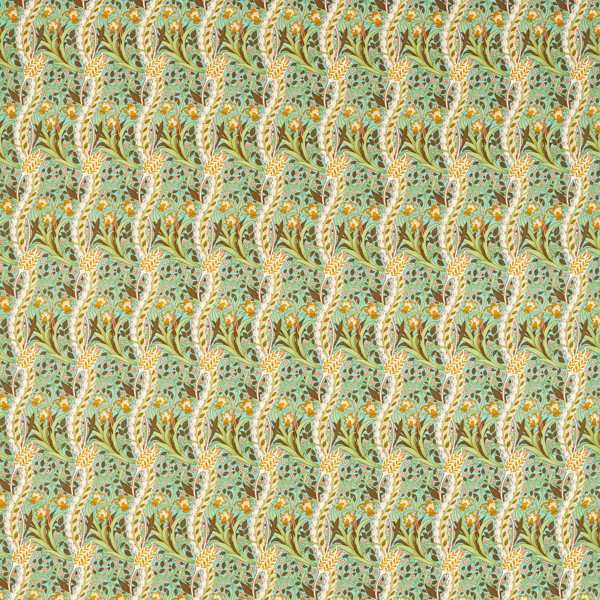 Morris and Co Daffodil — Cornubia Fabrics Cove Blue Chocolate -kangas