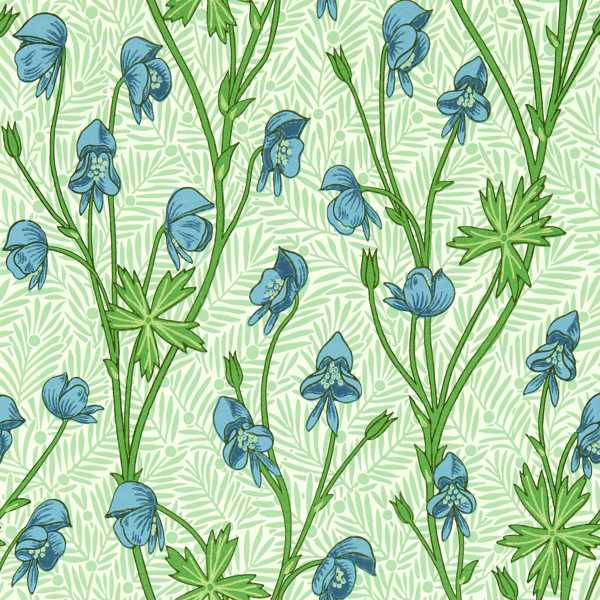 Morris and Co Wallpaper Monkshood Cobalt Goblin Green