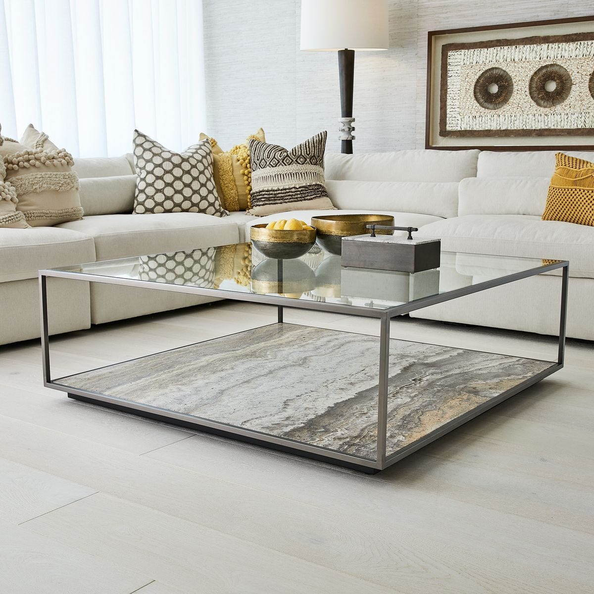 Floating Plane Coffee Table - Travertine/Bronze