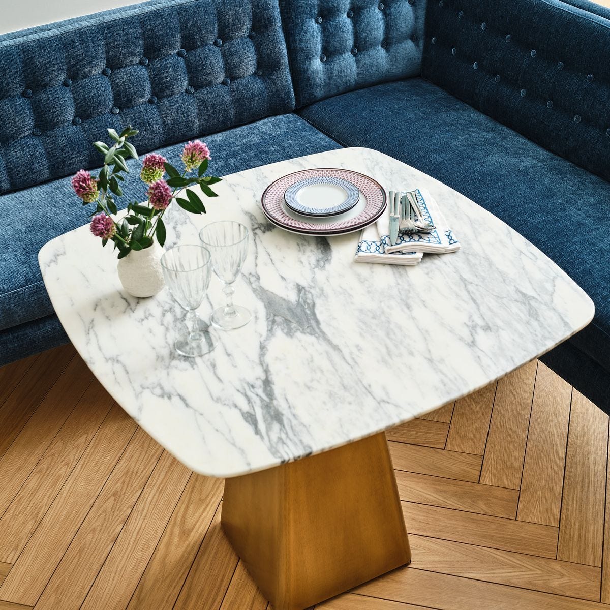 Equilateral Bistro Table in Arabescato and Brass