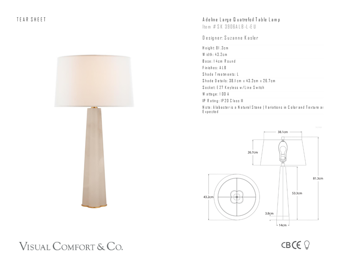 Adeline Large Quatrefoil Table Lamp — Suzanne Kasler for Visual Comfort & Co. dimension drawing