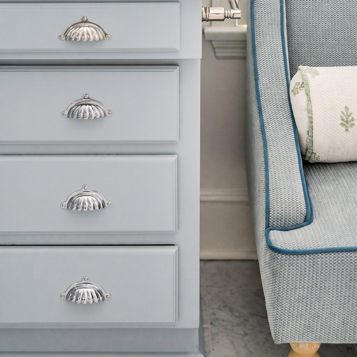 Aberdovey Drawer Pull — room setting, Polished chrome plate