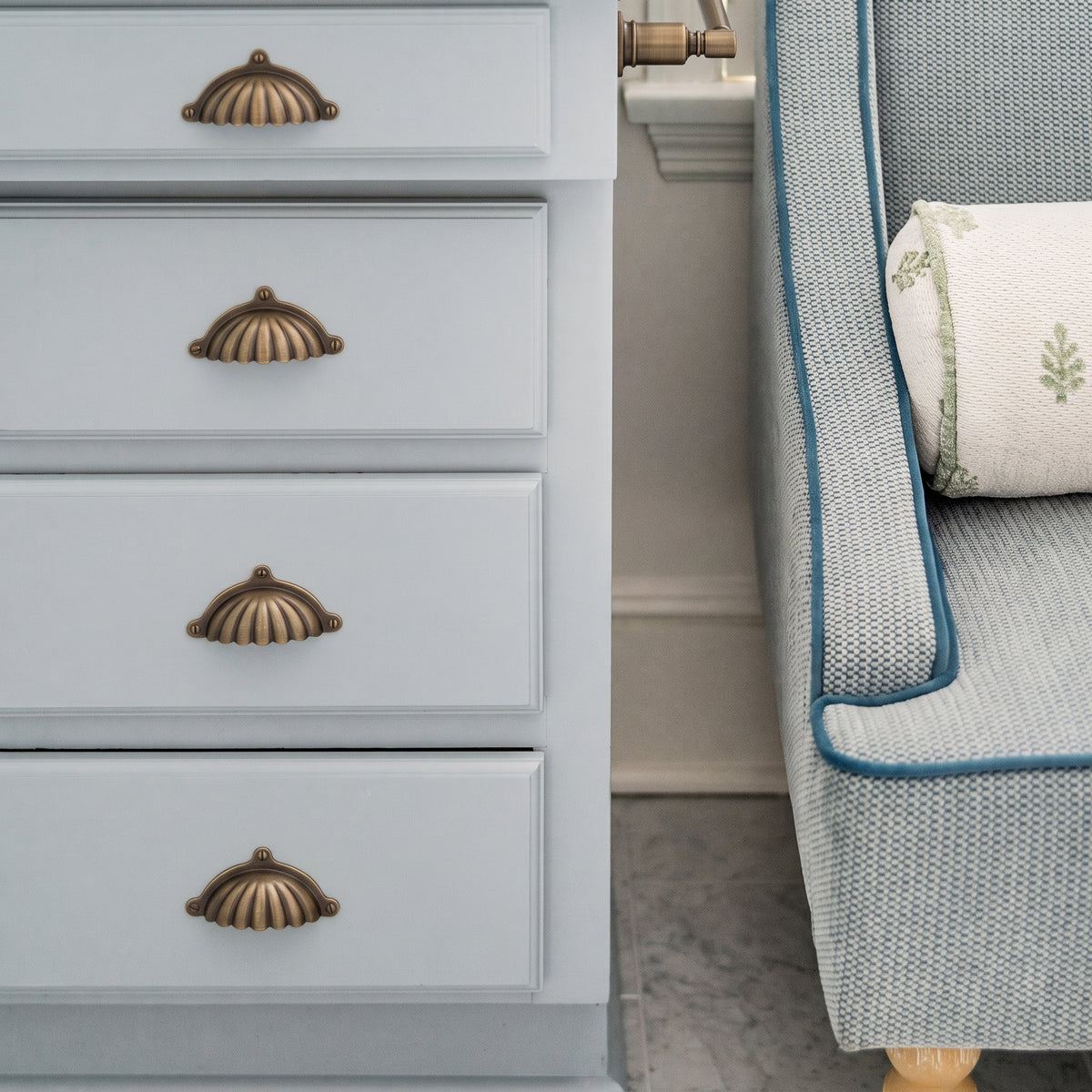 Aberdovey Drawer Pull — room setting, Satin antique satin lacquered