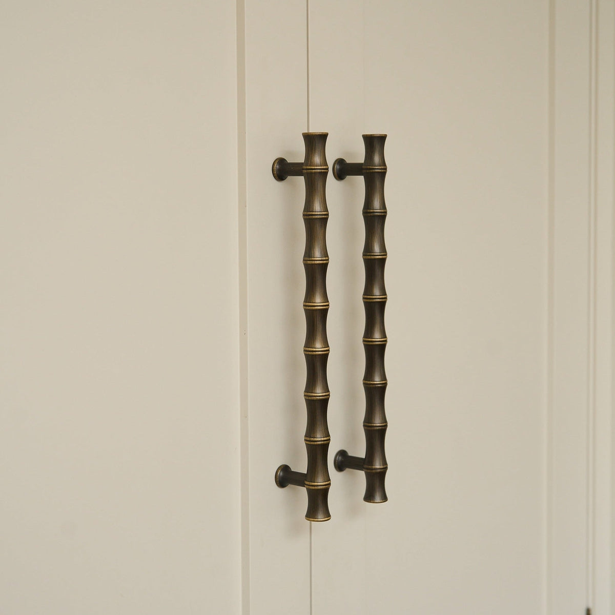 Grove Bamboo Cabinet Handle — Satin antique, satin lacquer. Design by Holly Oak House and Roseywood Interiors.