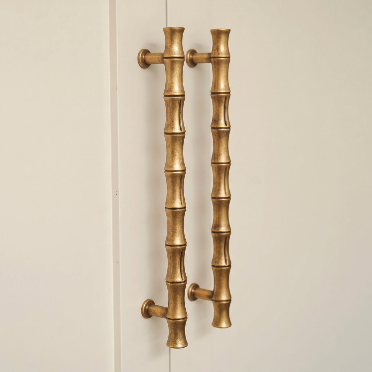 Grove Bamboo Cabinet Handle — room setting, Aged brass