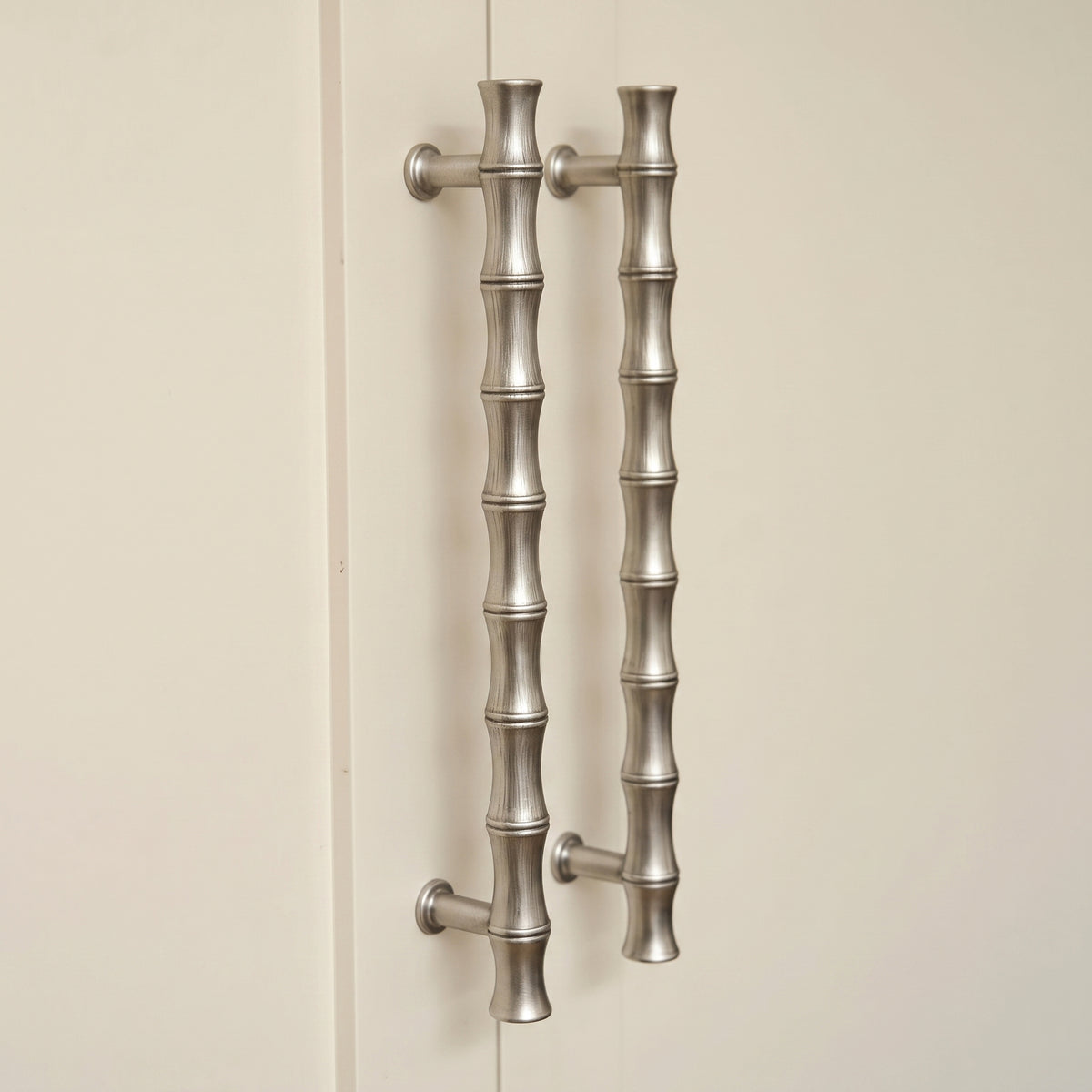 Grove Bamboo Cabinet Handle — room setting, Aged nickel
