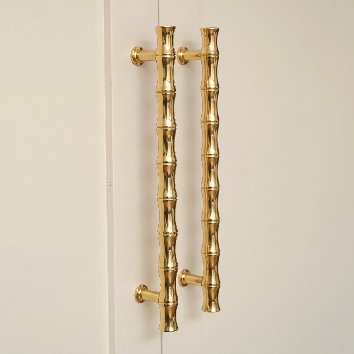 Grove Bamboo Cabinet Handle — room setting, Polished brass unlacquered
