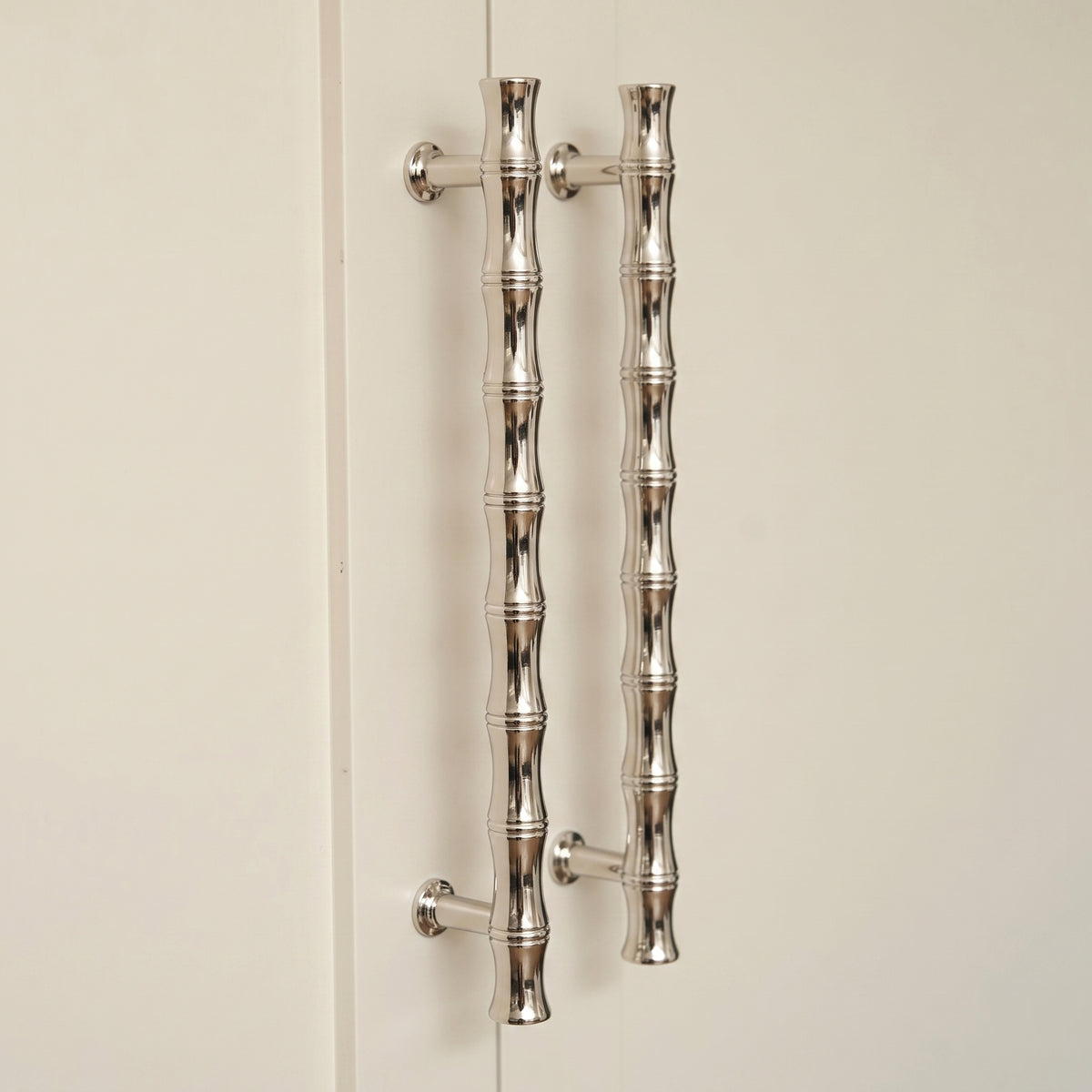 Grove Bamboo Cabinet Handle — room setting, Polished nickel plate
