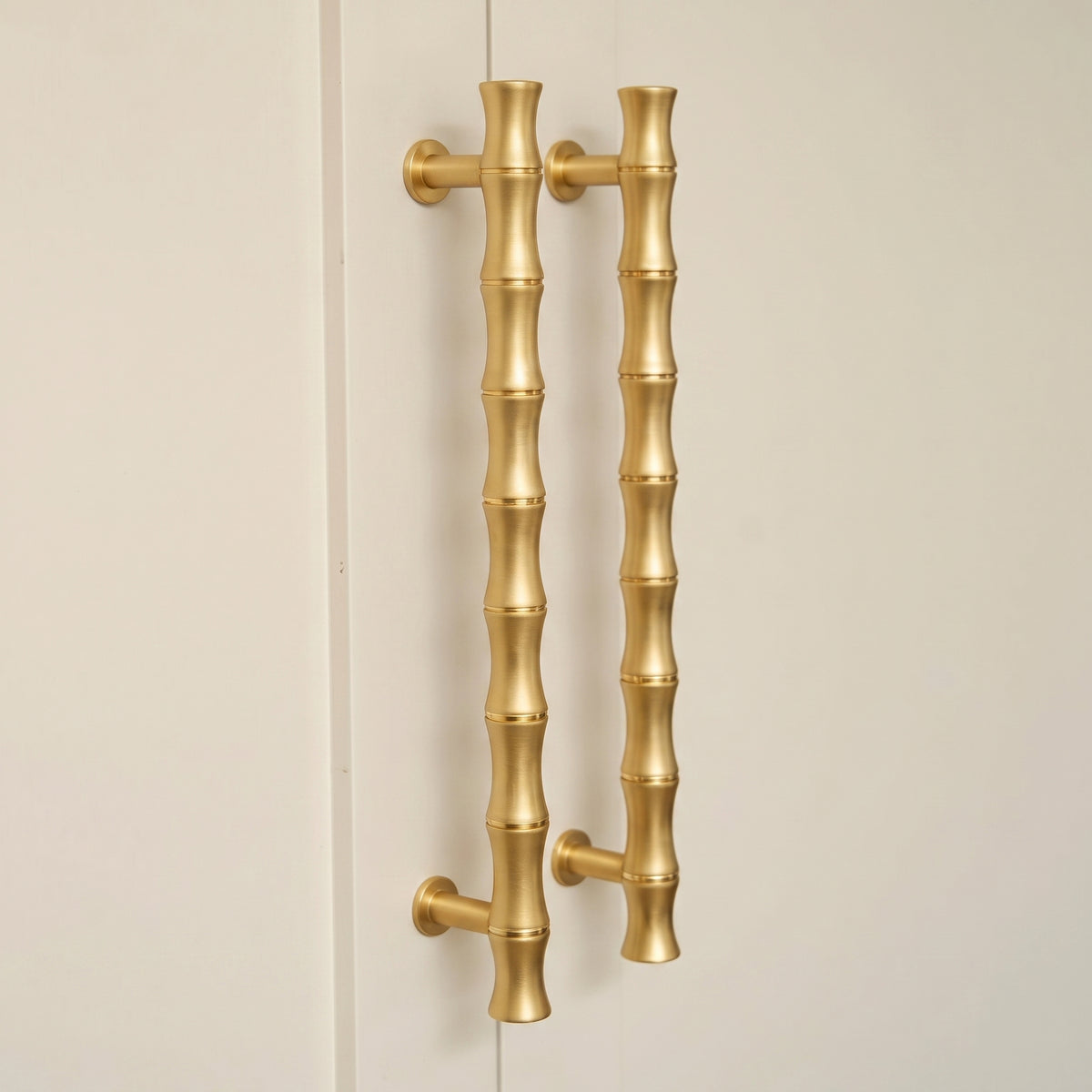 Grove Bamboo Cabinet Handle — room setting, Satin brass lacquered