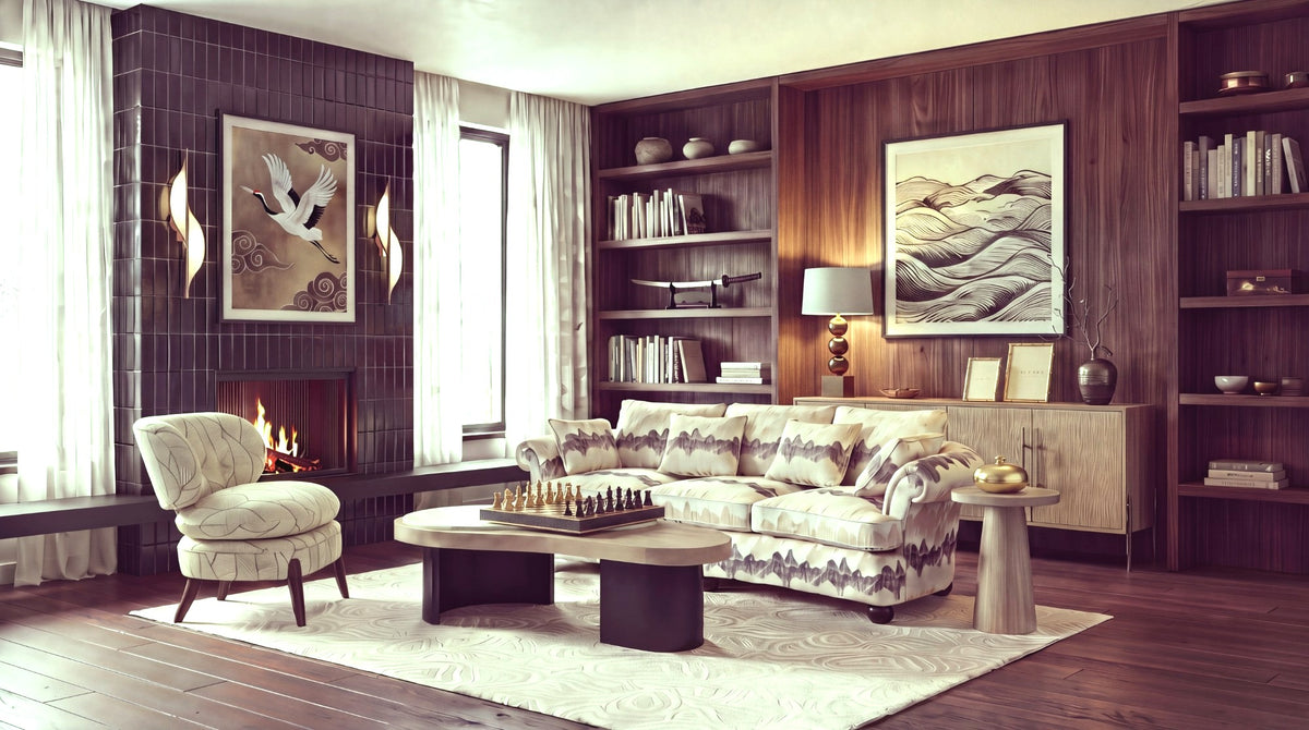 Bibliotek in the Harmony style — painted woodwork, open fireplace and ljus sofa
