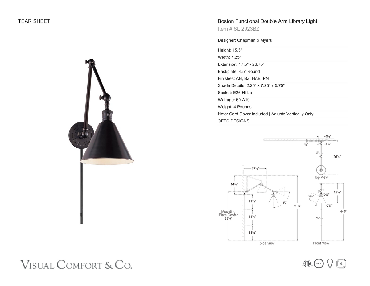 Boston Functional Double Arm Library Light Wandlamp — Chapman & Myers for Visual Comfort & Co. maatschets