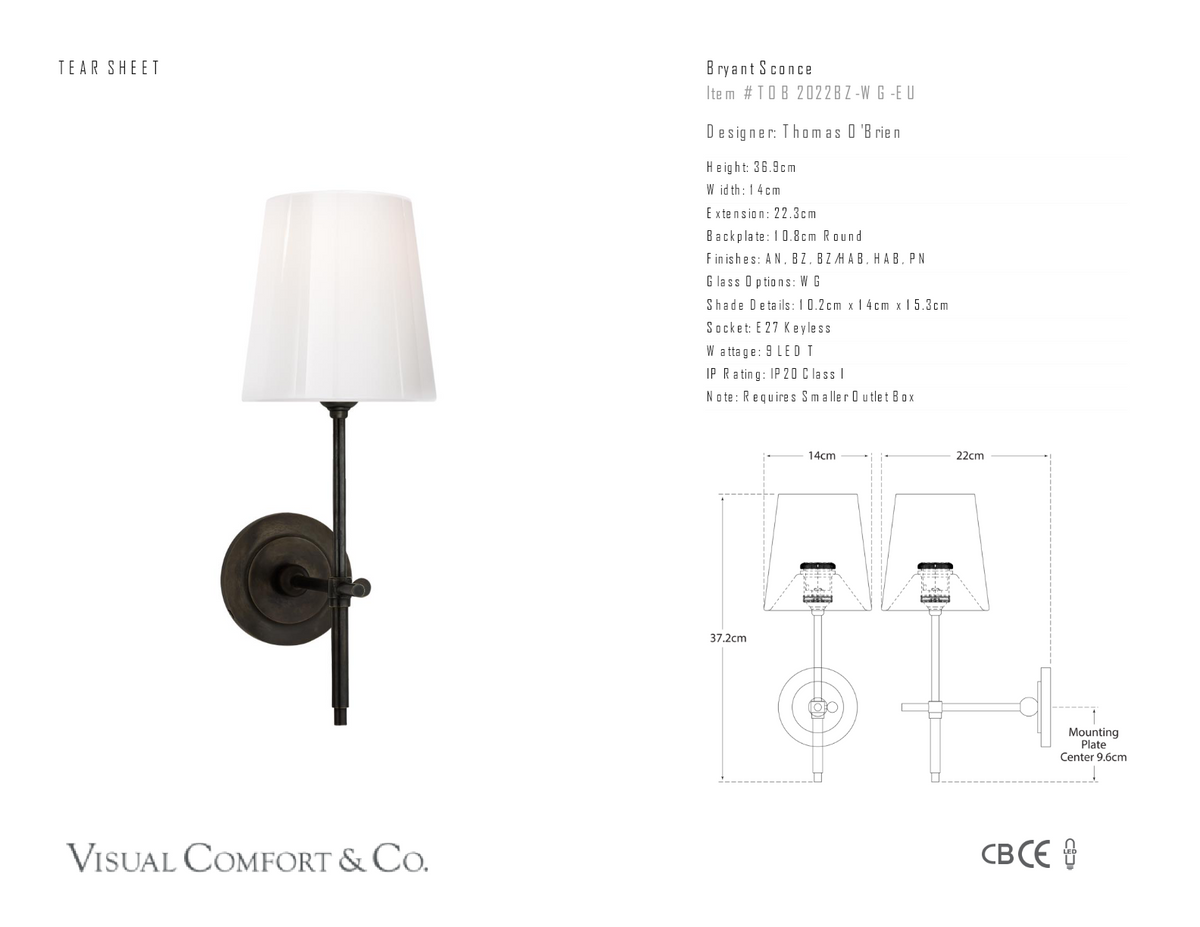 Bryant Wall Light — Thomas O'Brien for Visual Comfort & Co. dimension drawing