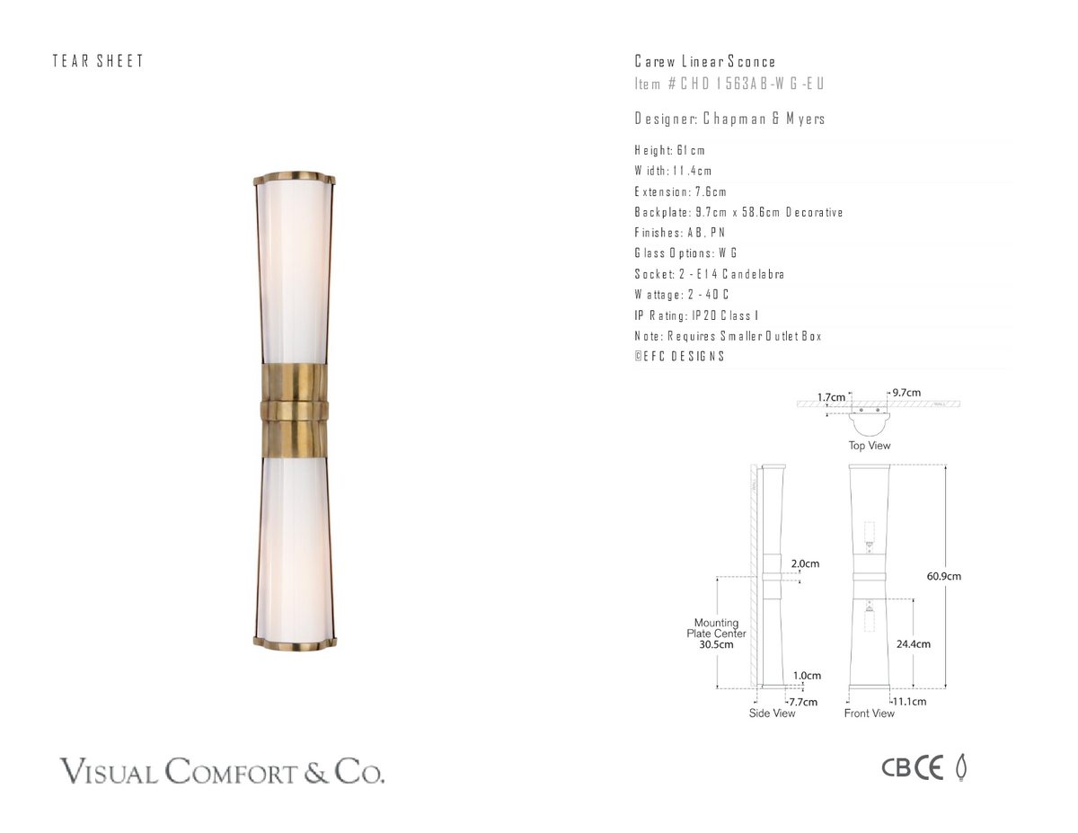 Carew Linear Wandlamp — Chapman & Myers for Visual Comfort & Co. maatschets