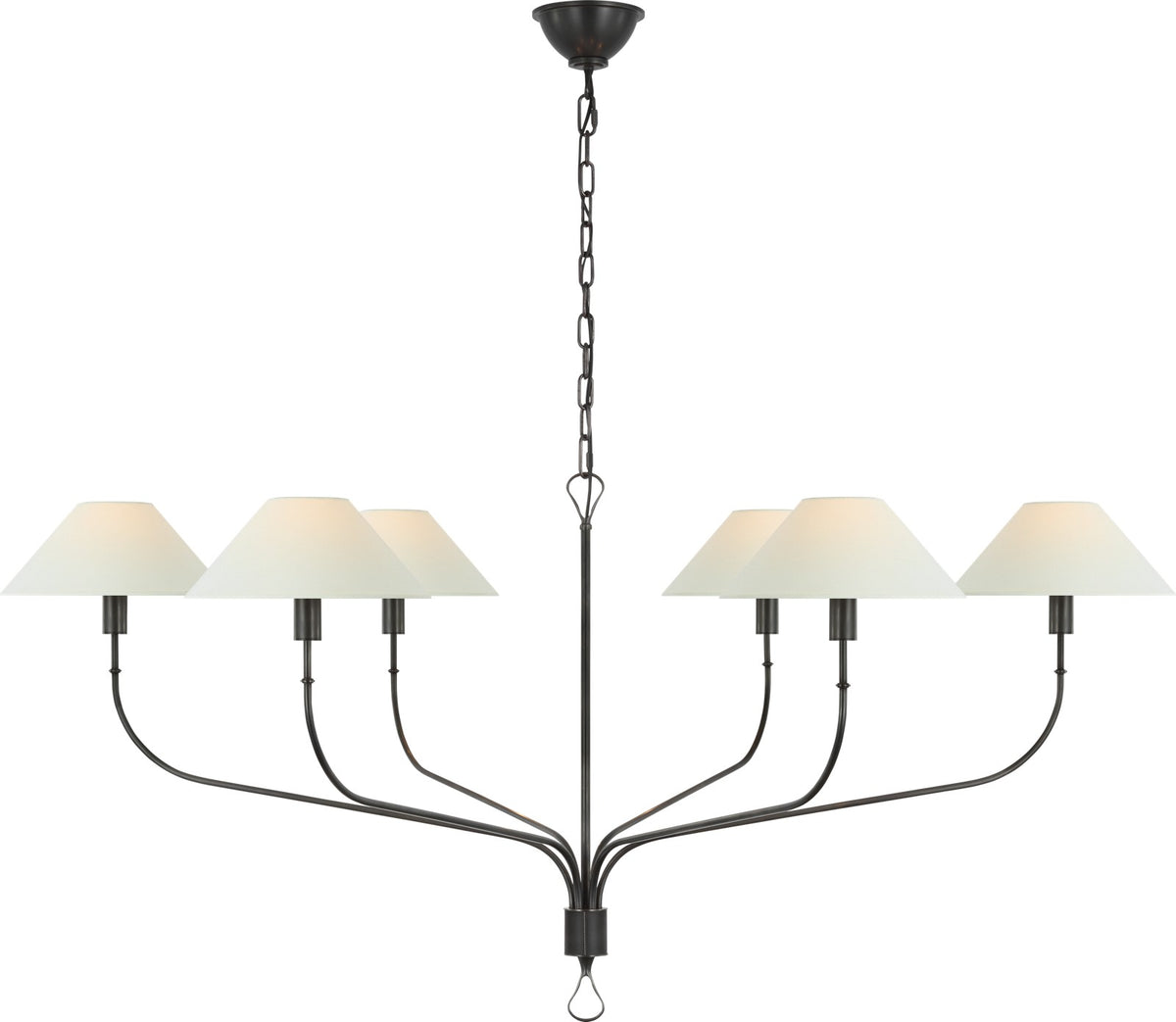 Griffin Extra Large Tail Kroonluchter — Amber Lewis for Visual Comfort & Co. — Bronze and Chocolate Leather with Linen Shades