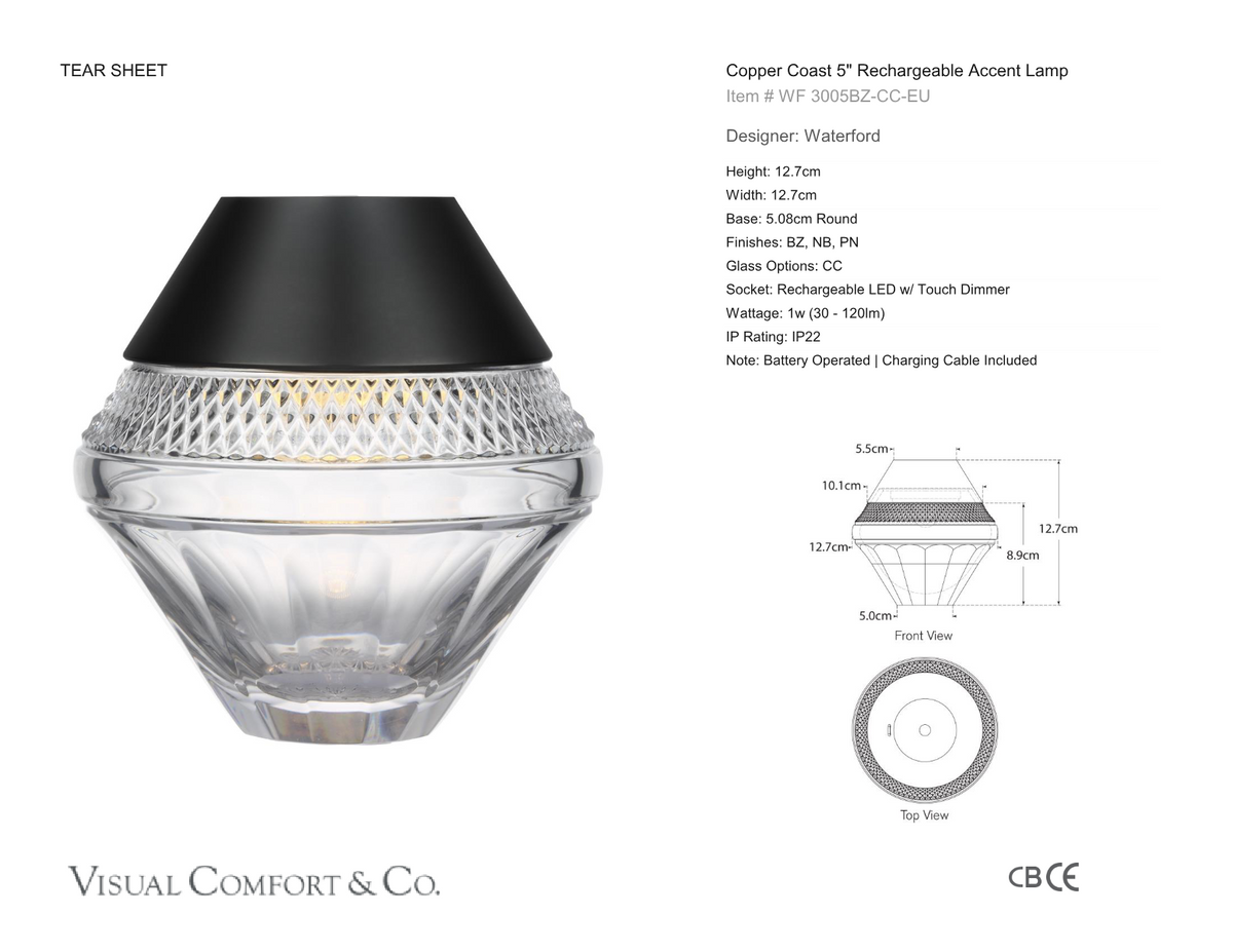 Copper Coast 5" Rechargeable Tafellamp — Waterford for Visual Comfort & Co. maatschets