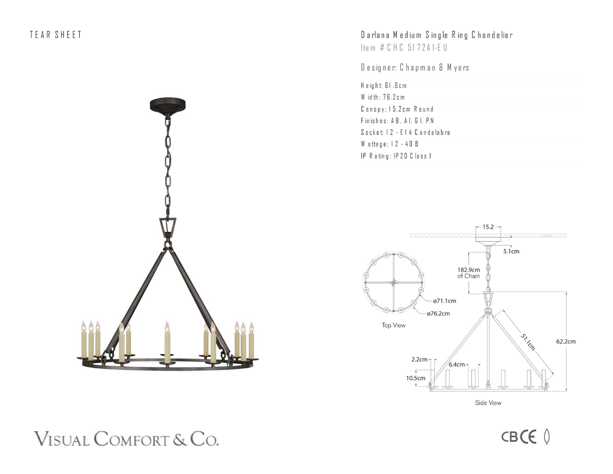 Darlana Medium Single Ring Kroonluchter — Chapman & Myers for Visual Comfort & Co. maatschets
