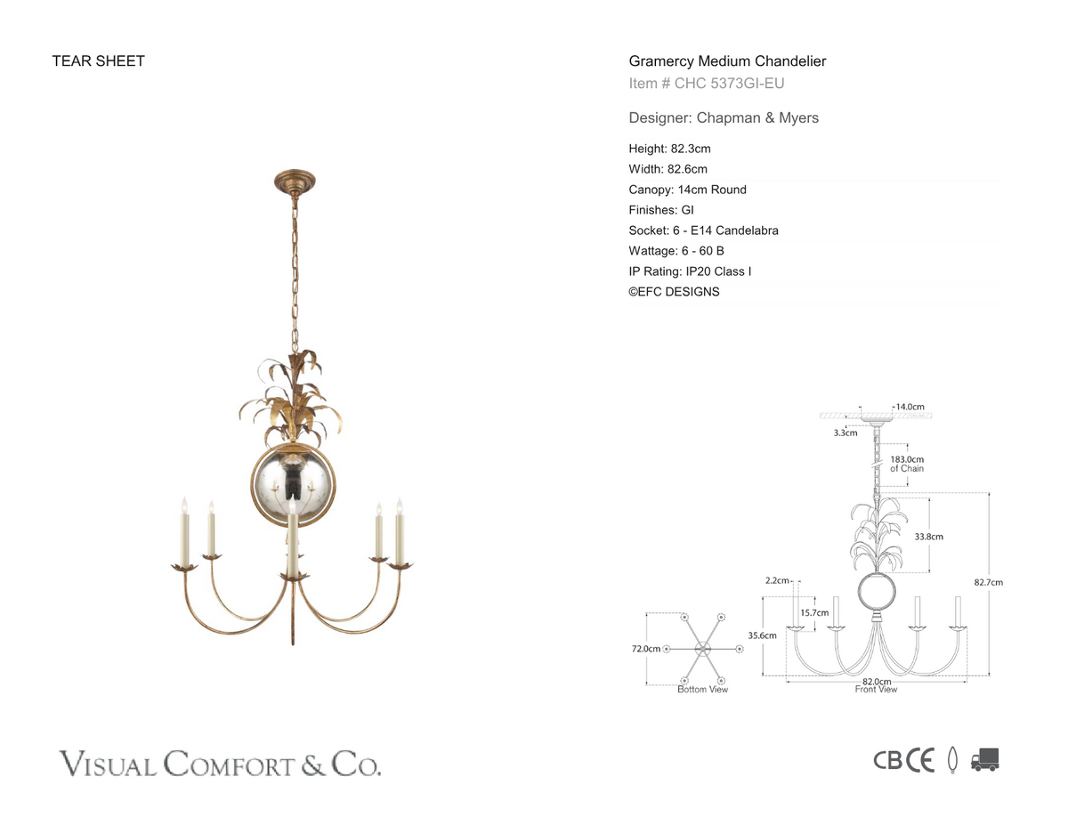 Gramercy Medium Kroonluchter — Chapman & Myers for Visual Comfort & Co. maatschets