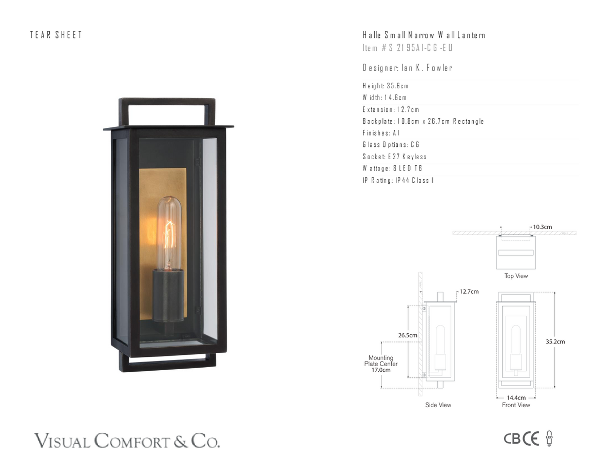 Halle Small Narrow Wall Buitenlamp — Ian K. Fowler for Visual Comfort & Co. maatschets