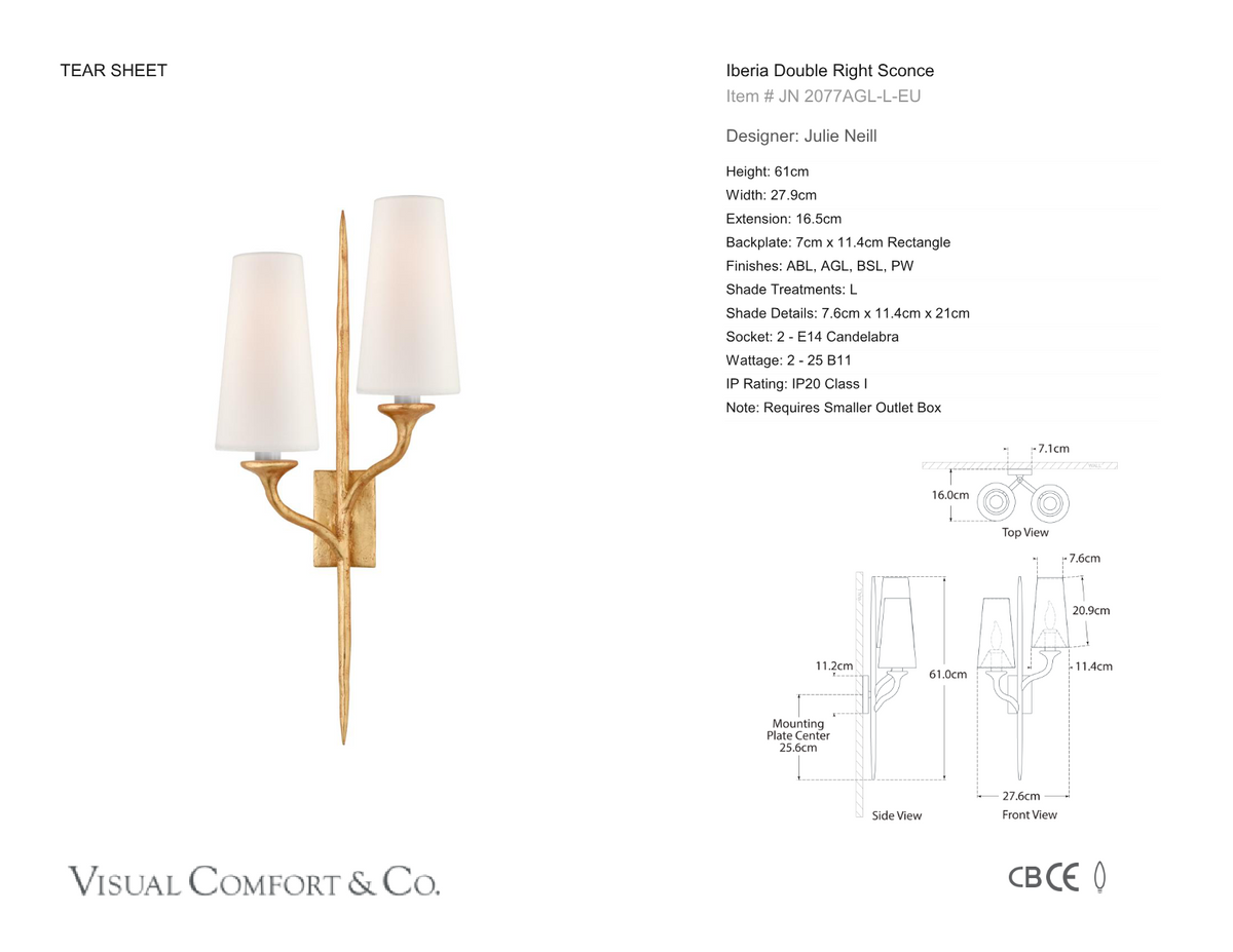 Iberia Double Right -seinävalaisin — Julie Neill for Visual Comfort & Co. mittapiirros
