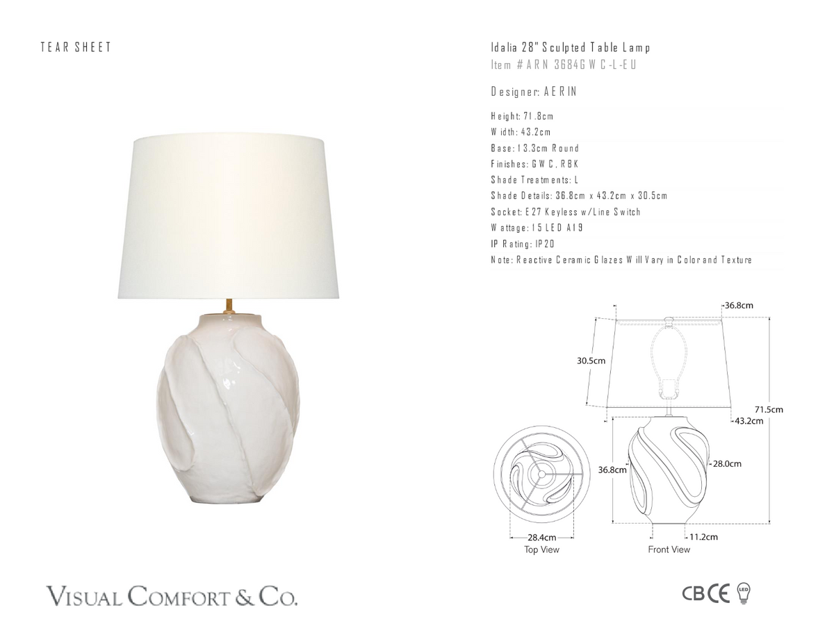 Idalia 28" Sculpted Table Lamp — AERIN for Visual Comfort & Co. dimension drawing