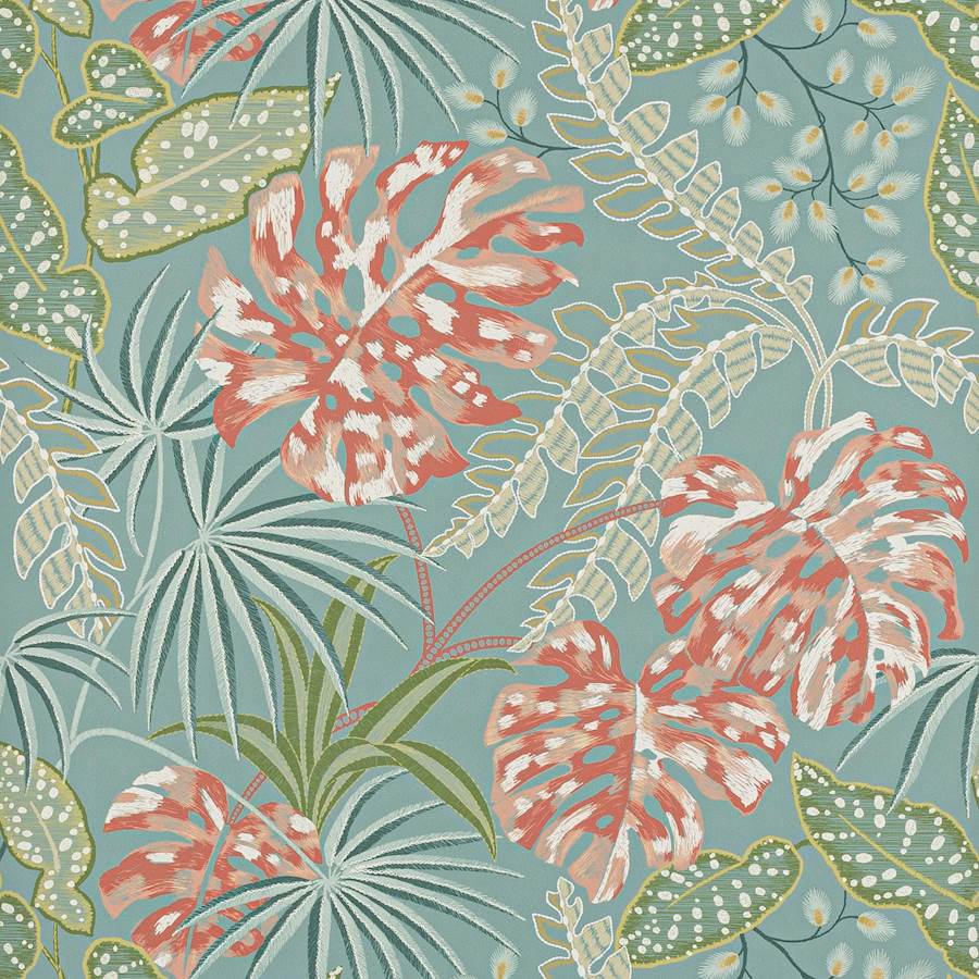 Rousseau Teal/Coral — Jane Churchill behang