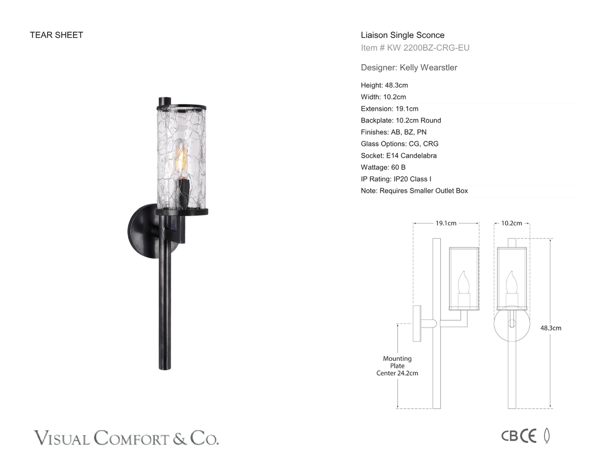 Liaison Single Wandlamp — Kelly Wearstler for Visual Comfort & Co. maatschets