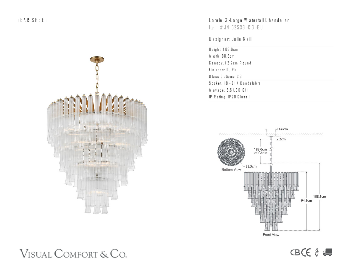 Lorelei X-Large Waterfall -kattokruunu — Julie Neill for Visual Comfort & Co. mittapiirros