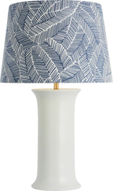 Mallory Medium Tischleuchte — Schumacher for Visual Comfort & Co. — White Porcelain with Schumacher 18" Navy Abstract Leaf Empire Shade