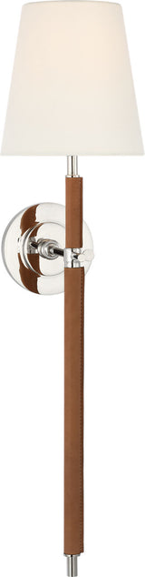 Bryant Large Wrapped Tail Wandlamp — Thomas O'Brien for Visual Comfort & Co. — Polished Nickel and Natural Leather with Linen Shade