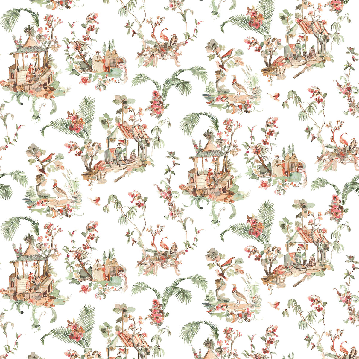 Toile Chinoise Coral/Green — Nina Campbell stof