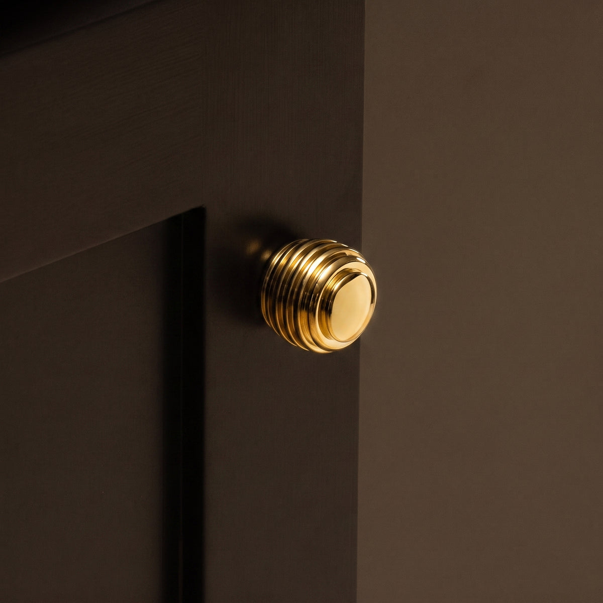 Nelson Cabinet Knob — room setting, Polished brass, lacquered