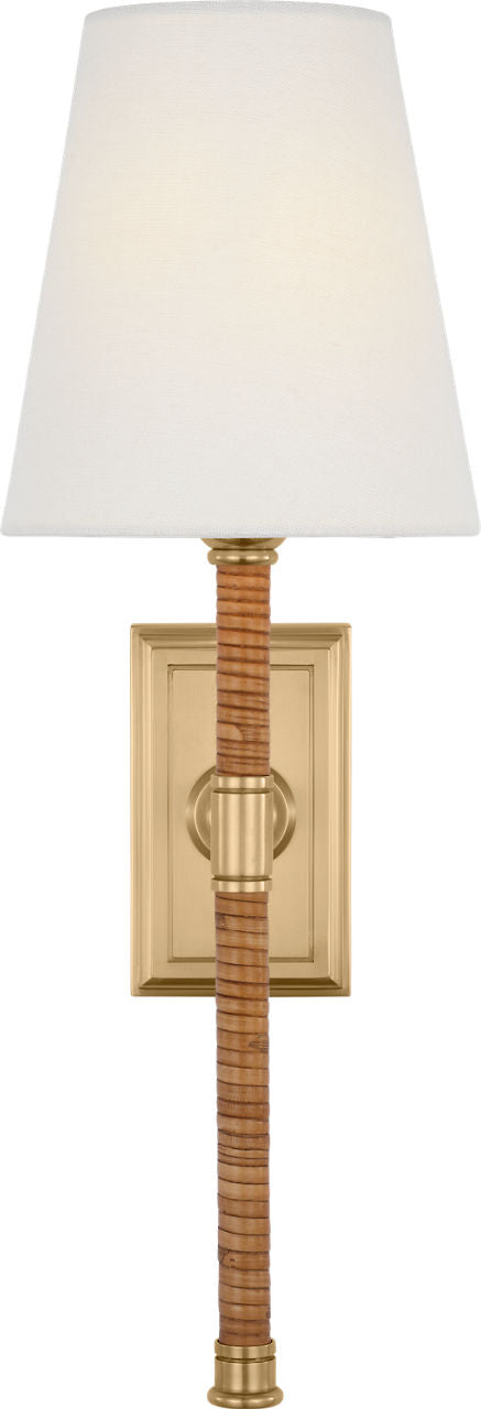 Basden 16" Tail Wandlamp — Chapman & Myers for Visual Comfort & Co. — Antique-Burnished Brass and Natural Rattan with Linen Shade