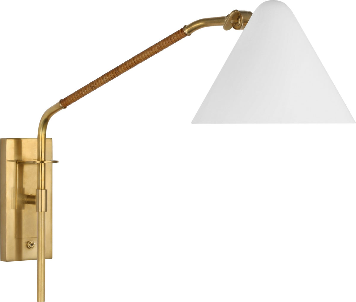 Laken Medium Wandleuchte — Amber Lewis for Visual Comfort & Co. — Hand-Rubbed Antique Brass and Natural Rattan with White Shade