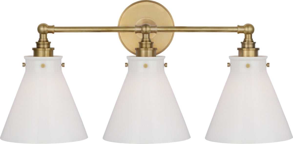 Parkington 24" Three Light Wandlamp — Chapman & Myers for Visual Comfort & Co. — Antique-Burnished Brass with White Glass