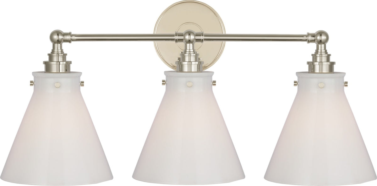 Parkington 24" Three Light Wandlamp — Chapman & Myers for Visual Comfort & Co. — Polished Nickel with White Glass