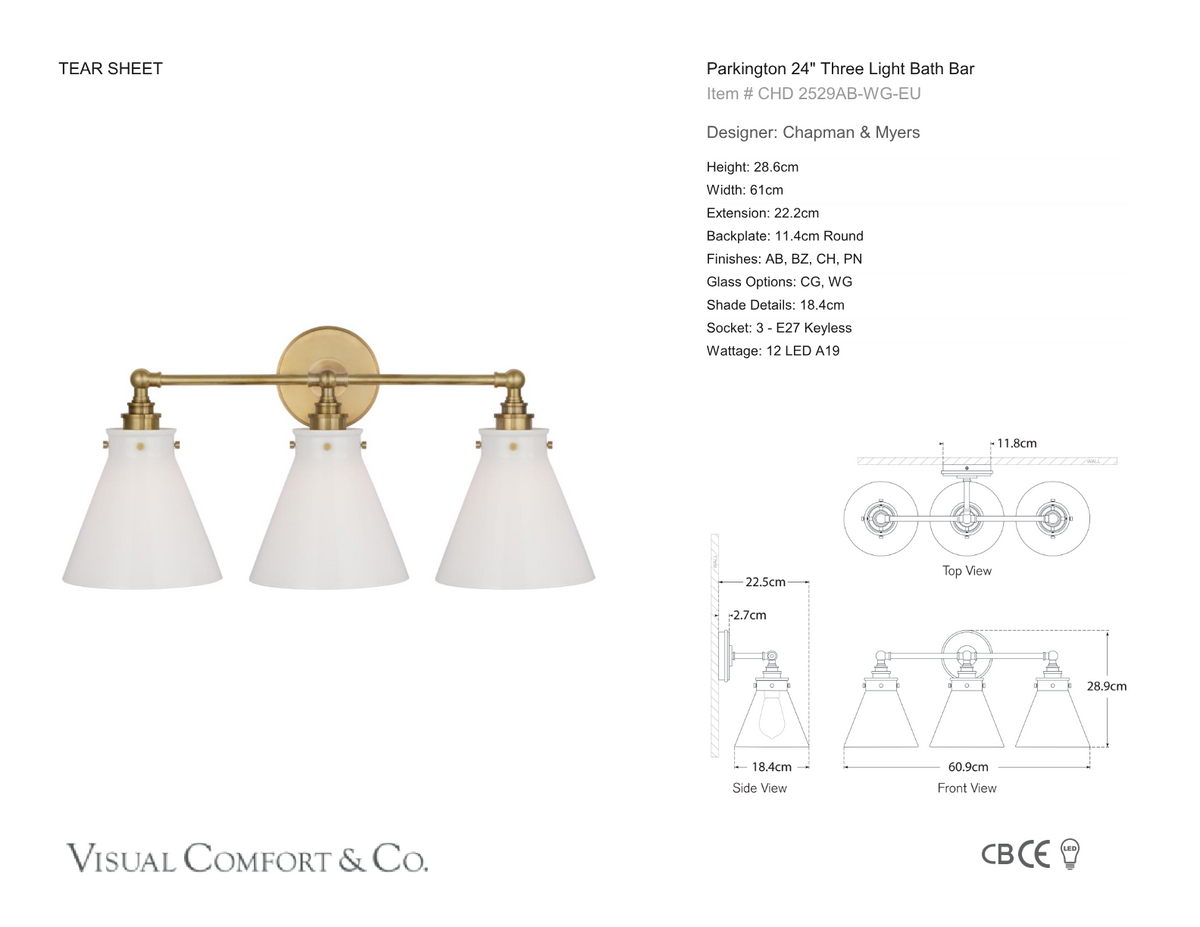Parkington 24" Three Light Wandlamp — Chapman & Myers for Visual Comfort & Co. maatschets