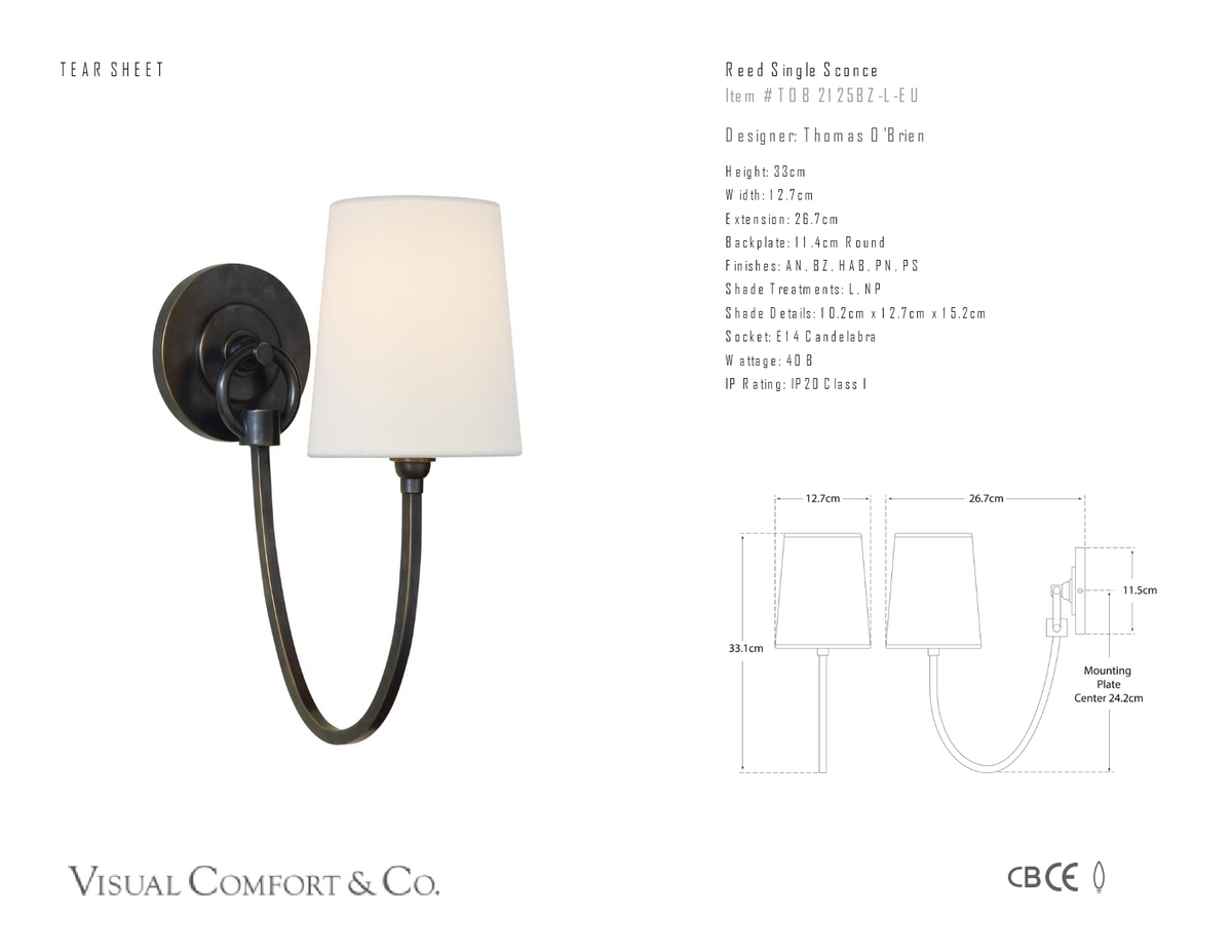 Reed Single Wandlamp — Thomas O'Brien for Visual Comfort & Co. maatschets