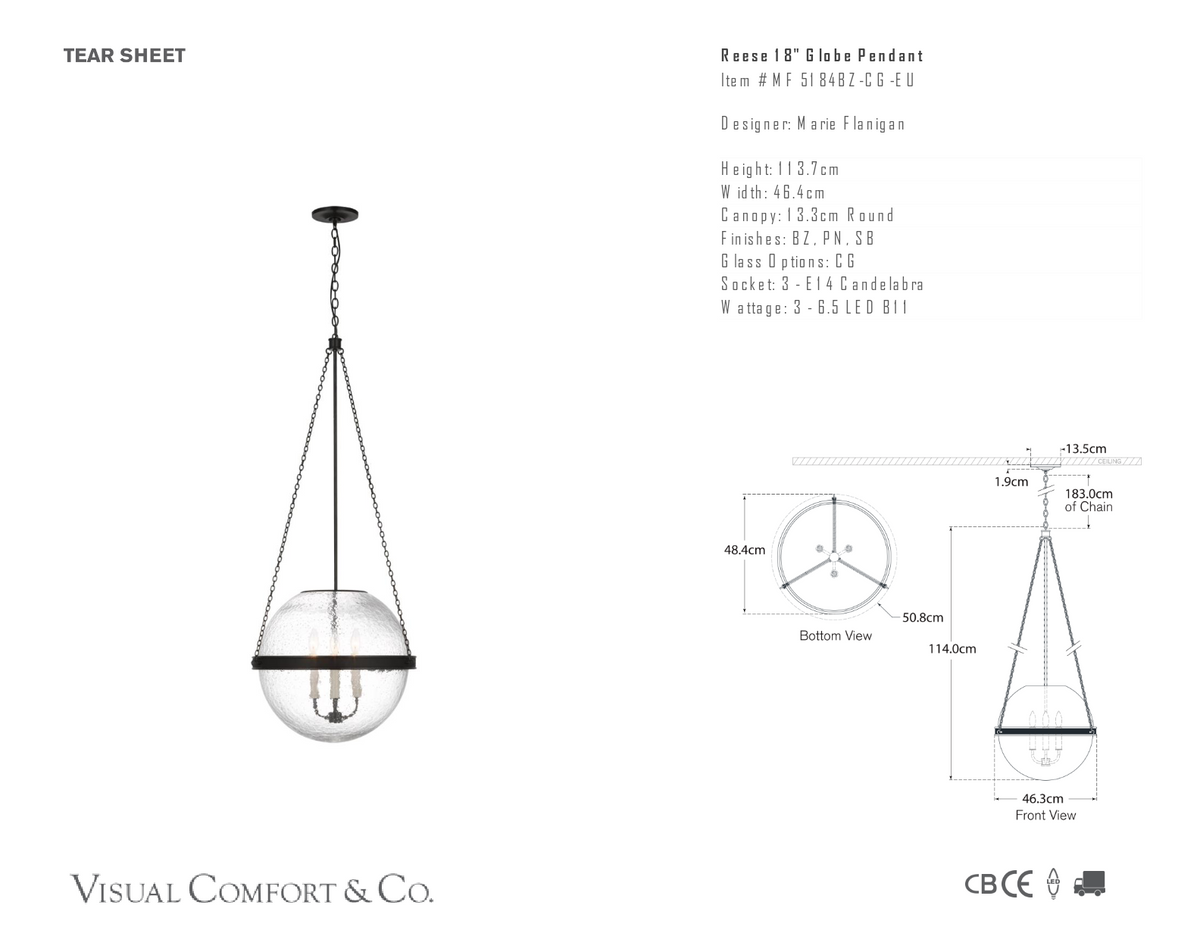 Reese 18" Globe Pendant — Marie Flanigan for Visual Comfort & Co. dimension drawing