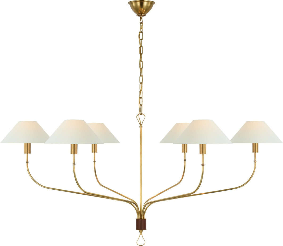 Griffin Extra Large Tail Kroonluchter — Amber Lewis for Visual Comfort & Co. — Hand-Rubbed Antique Brass and Saddle Leather with Linen Shades
