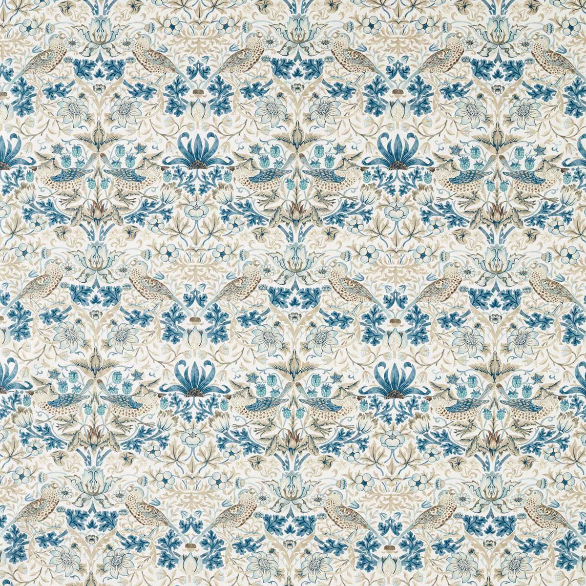 Strawberry Thief Wide Width Stofstaal — Morris & Co Mineral Blue/Linen