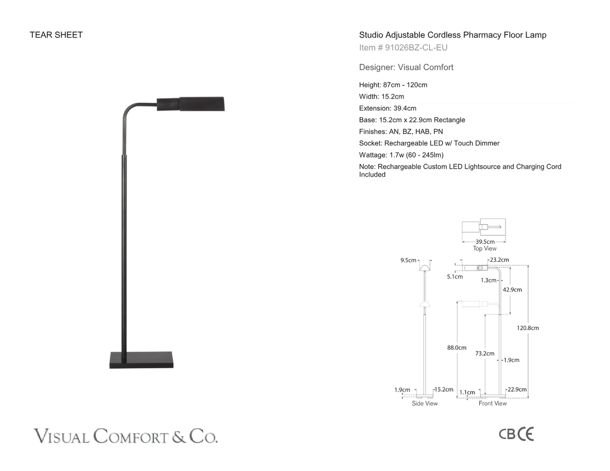 Studio Adjustable Cordless Pharmacy Floor Lamp dimension drawing