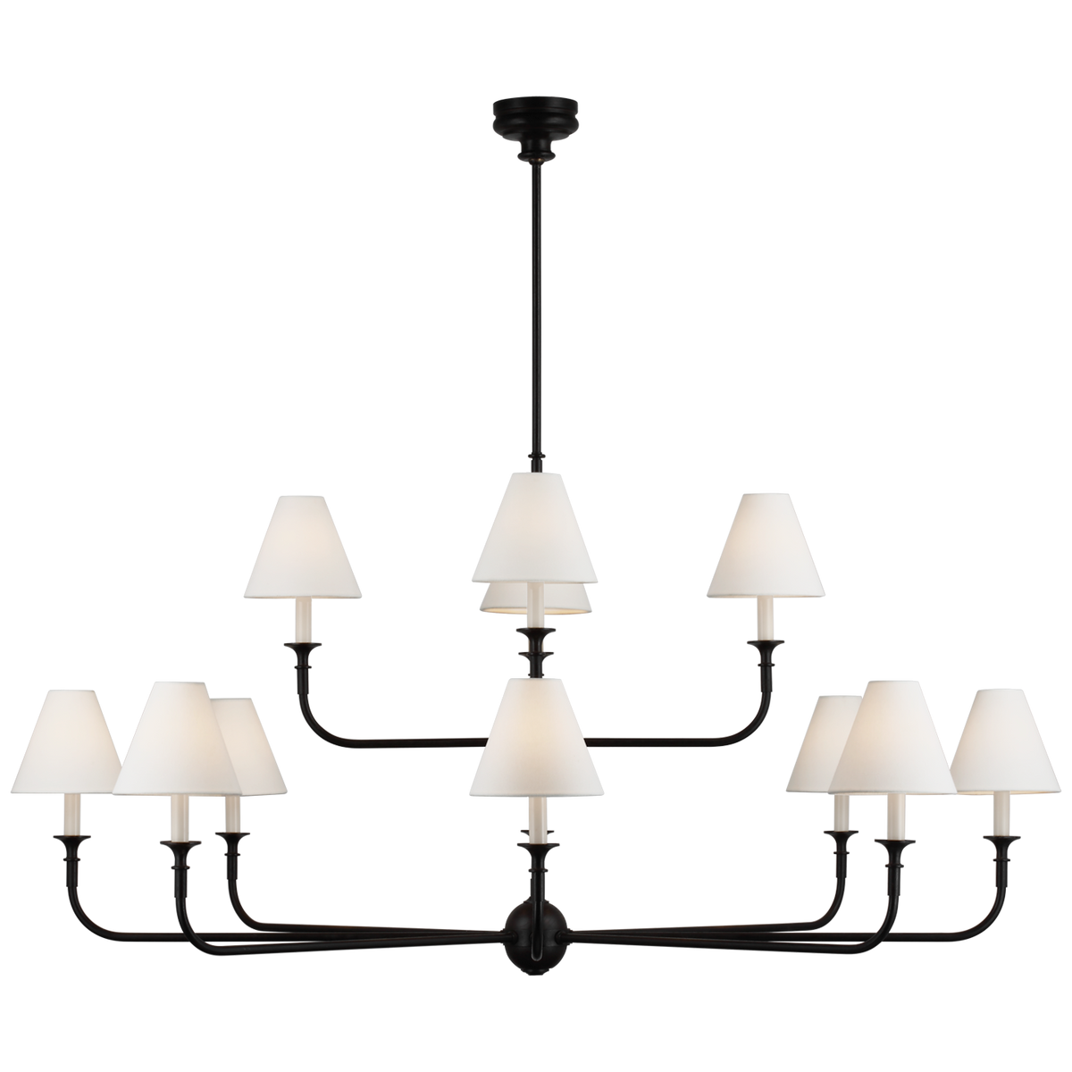Piaf Deckenleuchte Two-Tier – Aged Iron And Ebonized Oak With Linen Shades