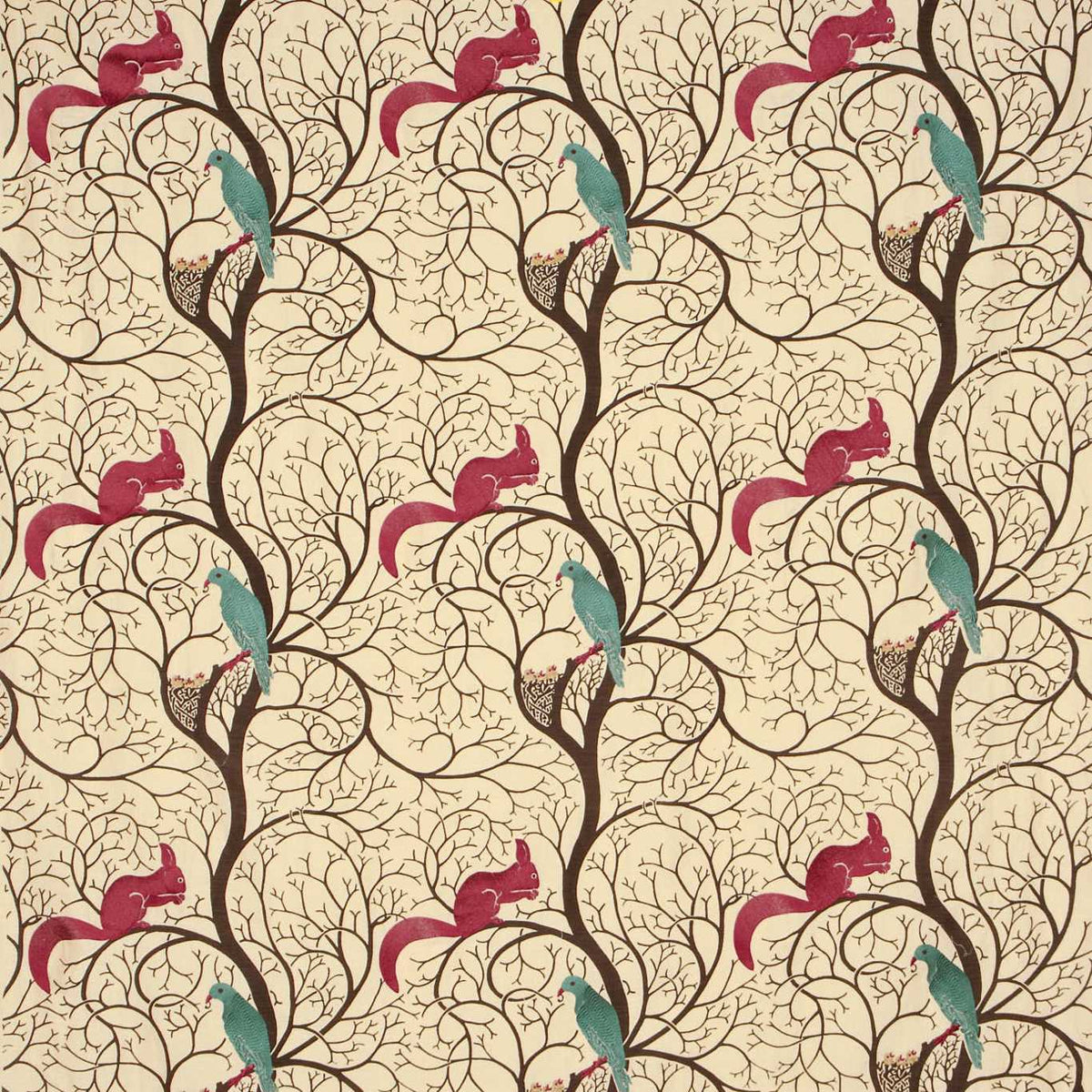 Sanderson Fabric Squirrel and Dove Teal Red