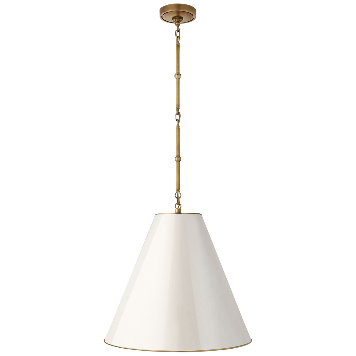 Goodman Medium Hanging Light in Hand-Rubbed Antique Brass with Antique White Shade